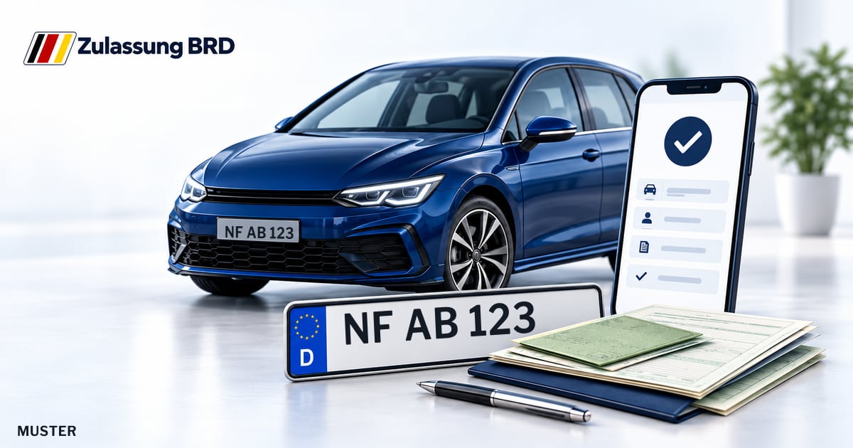 Online Fahrzeugzulassung in Husum: Musterkennzeichen NF AB 123, Auto und Fahrzeugpapiere und Smartphone. Illustration mit Logo von Zulassung BRD.